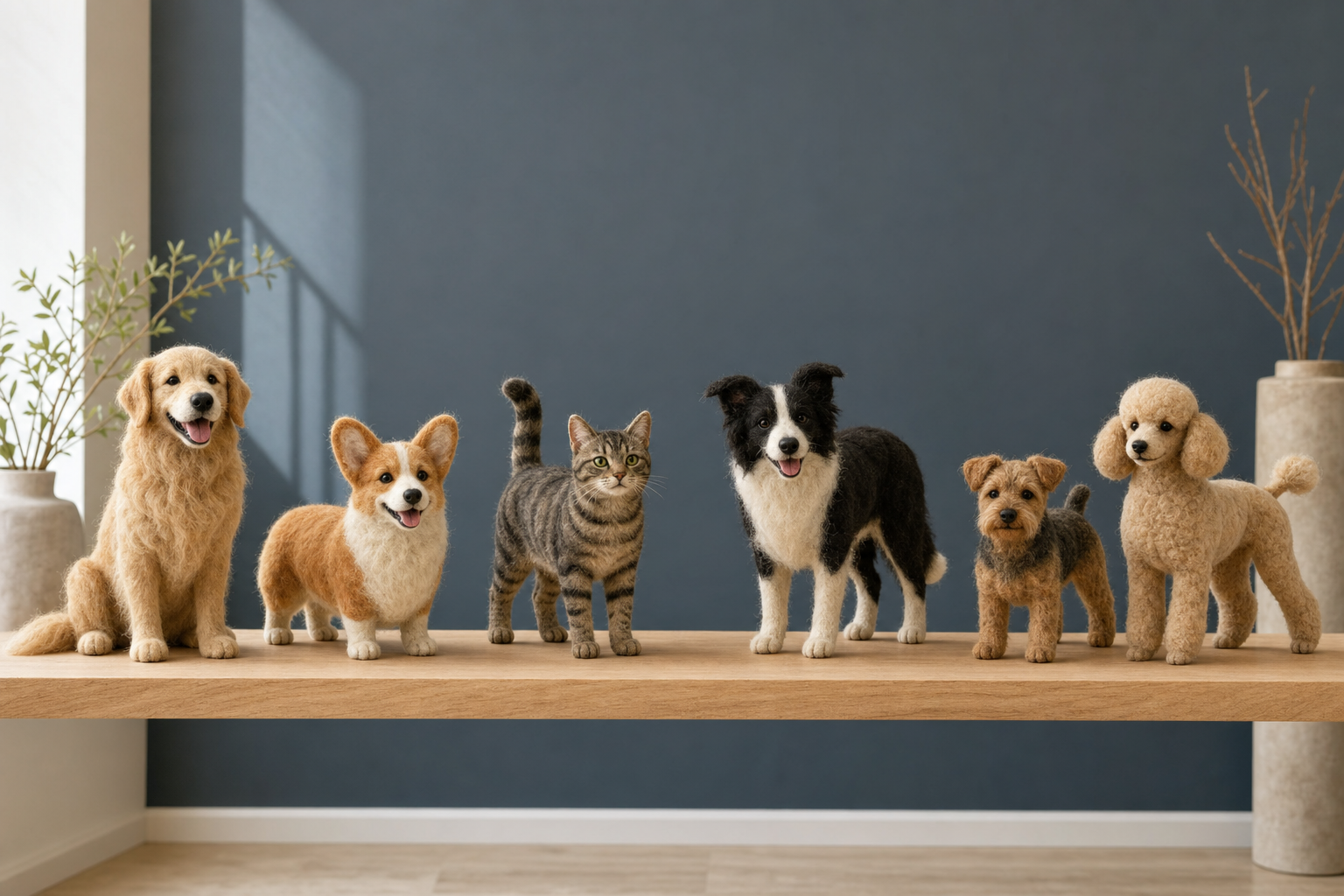 Collection of handmade felted pet sculpture studio examples