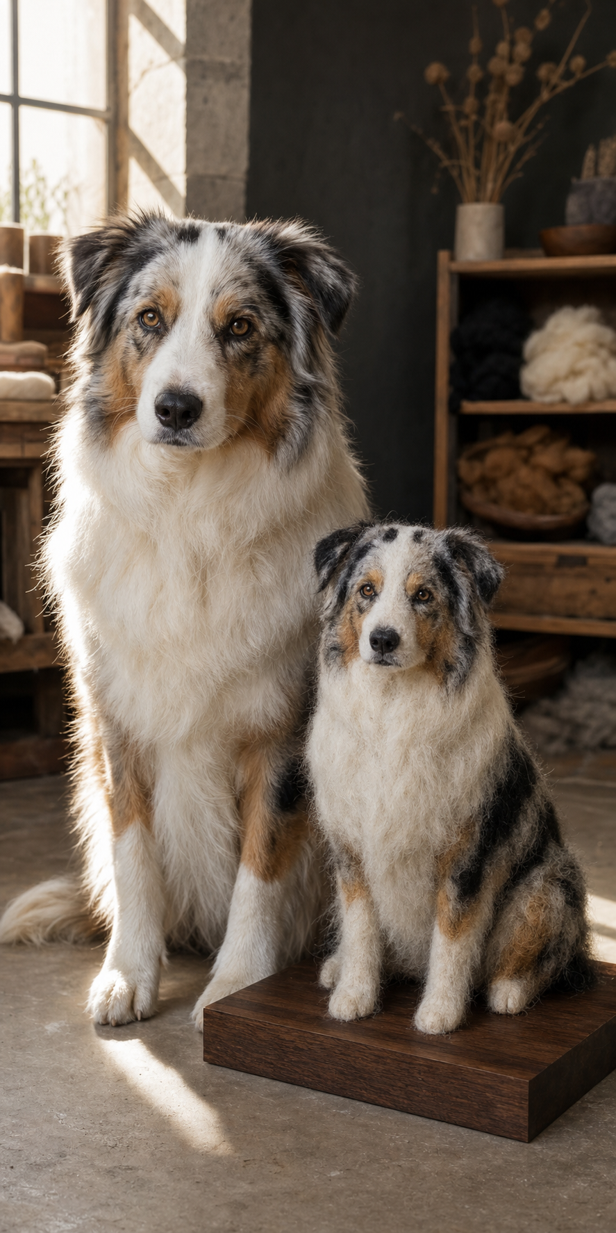 Australian Shepherd full-body felt sculpture studio example