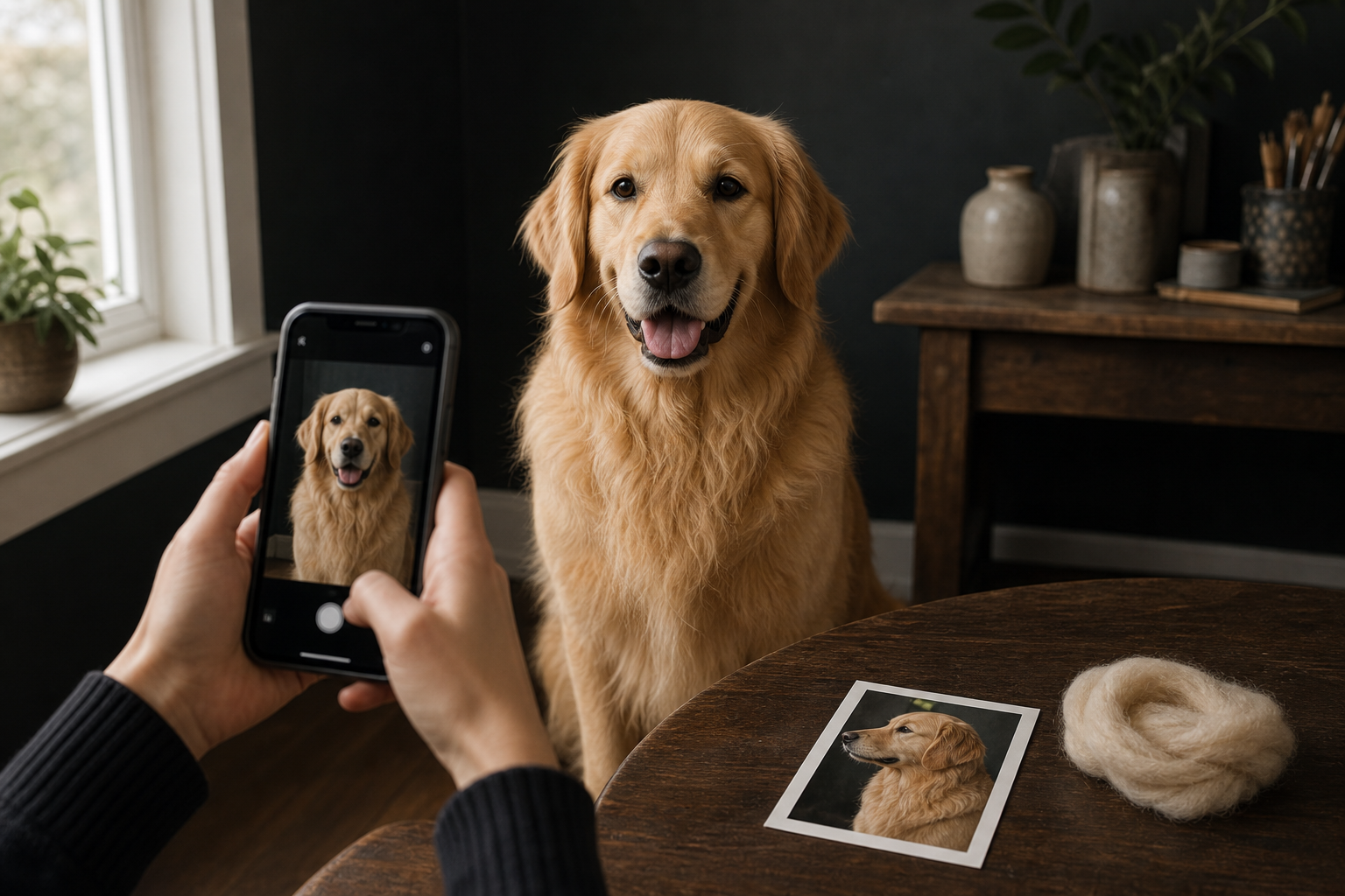 Pet owner taking a clear reference photograph of a Golden Retriever