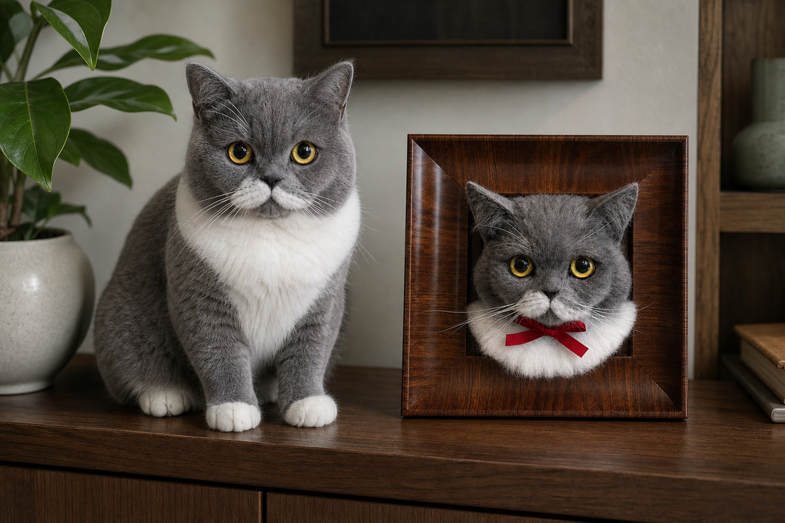 Real cat beside its matching dimensional needle-felted portrait frame