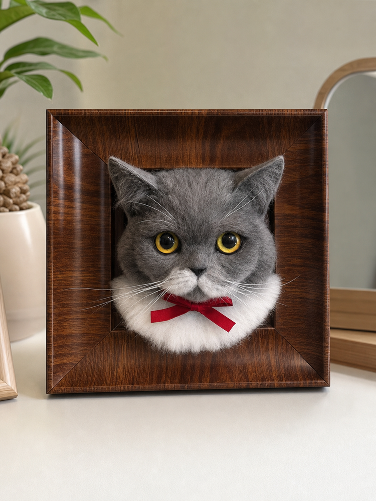 Custom needle-felted cat portrait in a 30 x 30 cm frame