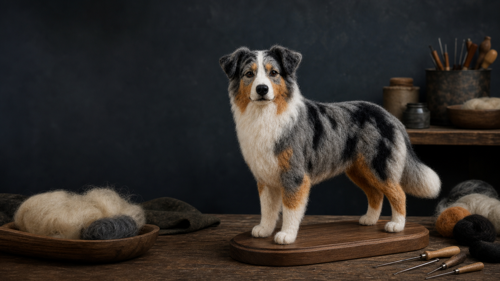 Lifelike needle-felted Australian Shepherd sculpture in the TINY-PET studio