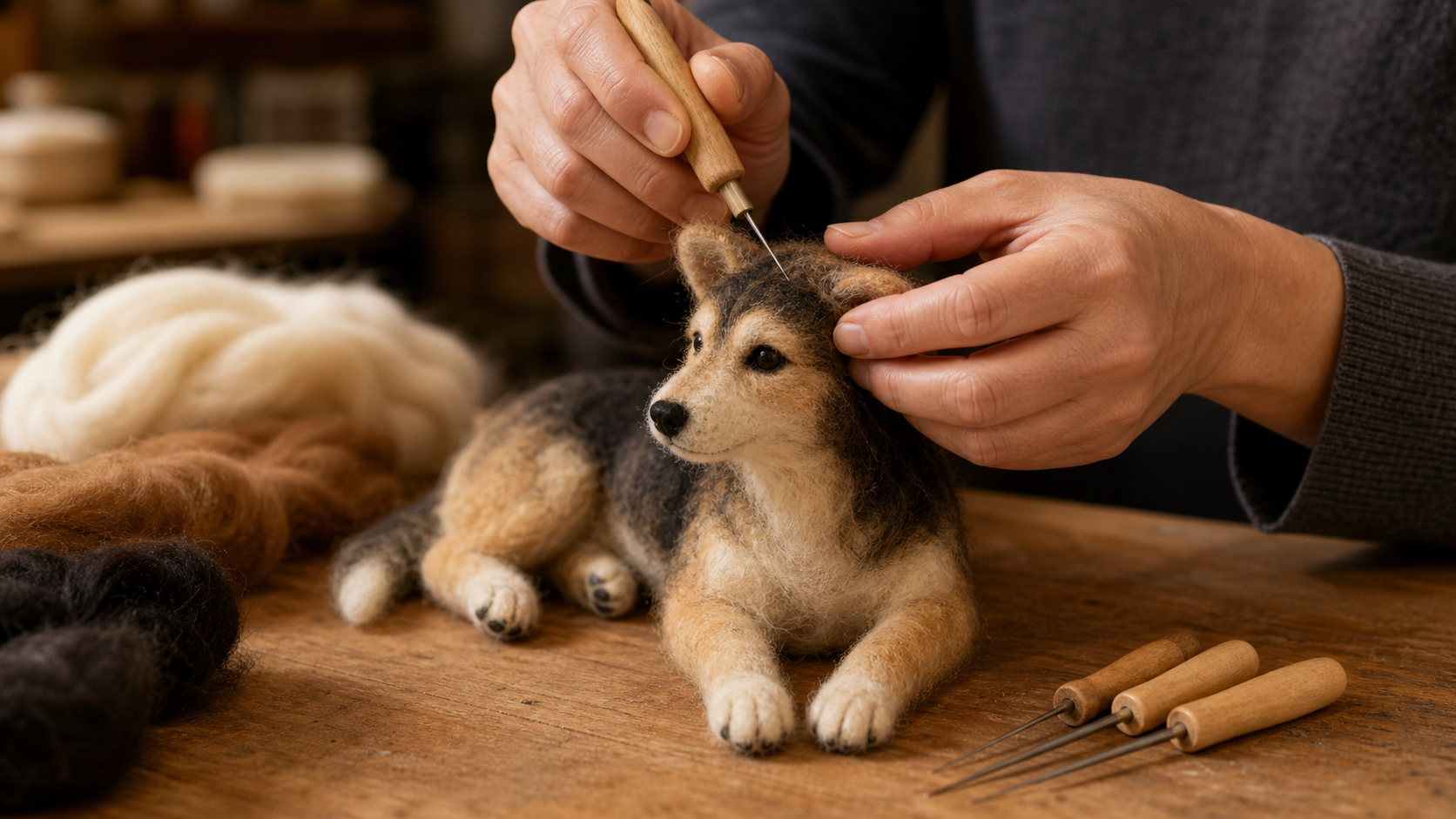 Artist shaping fine details on a needle-felted pet sculpture